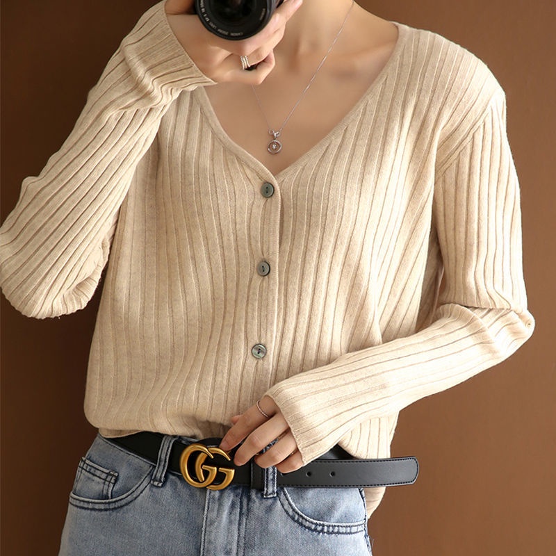Áo sweater Dệt Kim Mỏng Cổ V Tay Dài Thời Trang Xuân Thu Cho Nữ