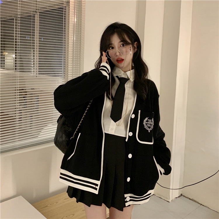 IELGY    Áo Khoác Dáng Rộng Thêu Hình plus size Phong Cách preppy Dành Cho Nữ