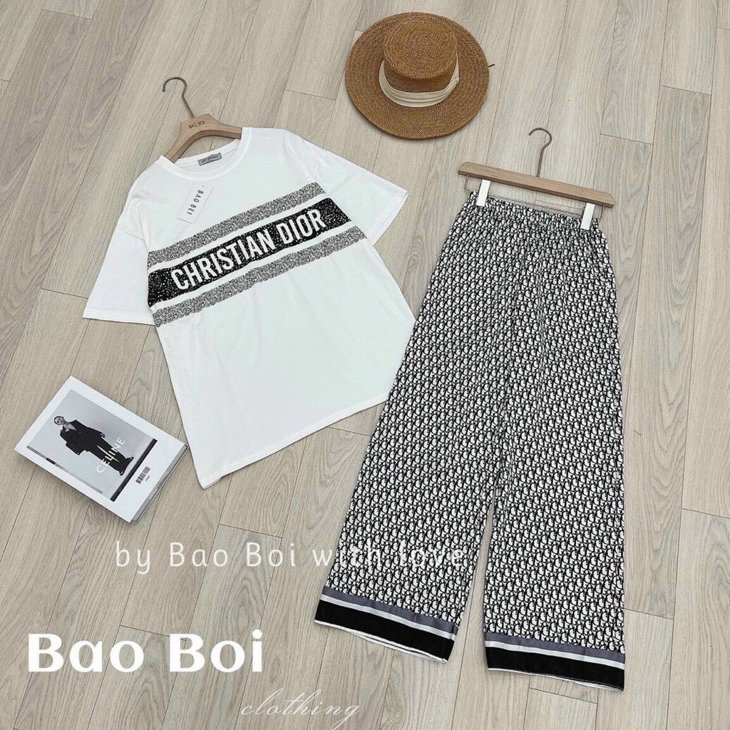 sét bộ cotton quần sọc họa tiết áo in chữ ngắn tay