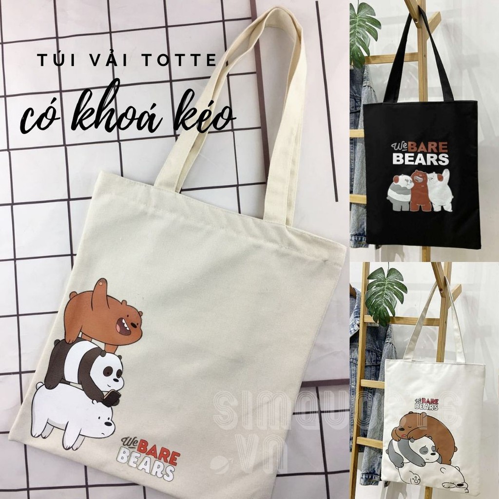 Túi Tote Vải canvas có khóa kéo in hình BEAR dễ thương