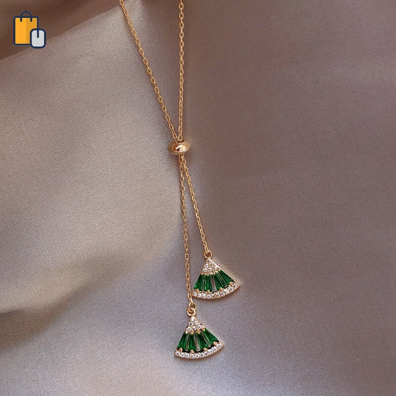 Vòng cổ mặt hình quạt đính đá zircon màu xanh lá sang trọng cho nữ