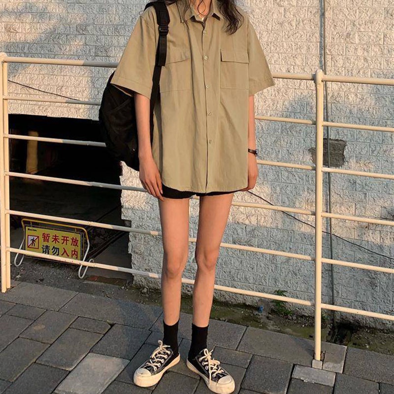 Áo sơ mi IELGY tay ngắn dáng rộng phong cách cổ điển thời trang cho nữ