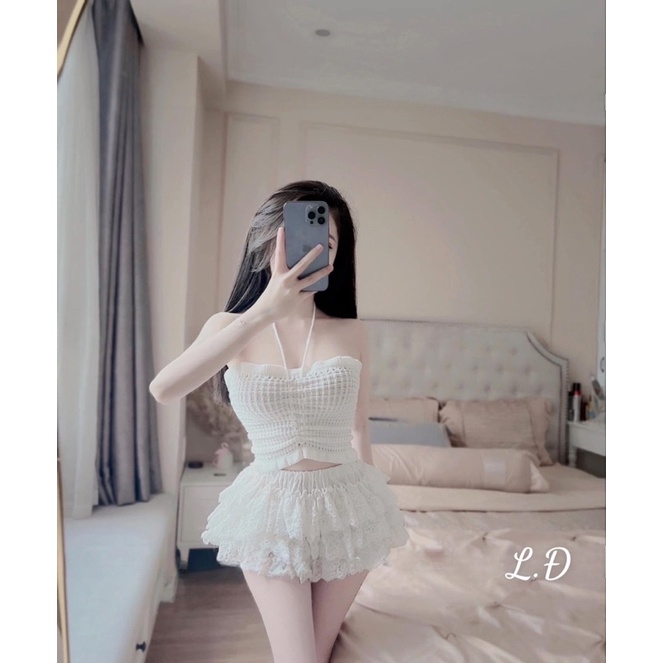 Set áo quây đan dây + chân váy ren tầng