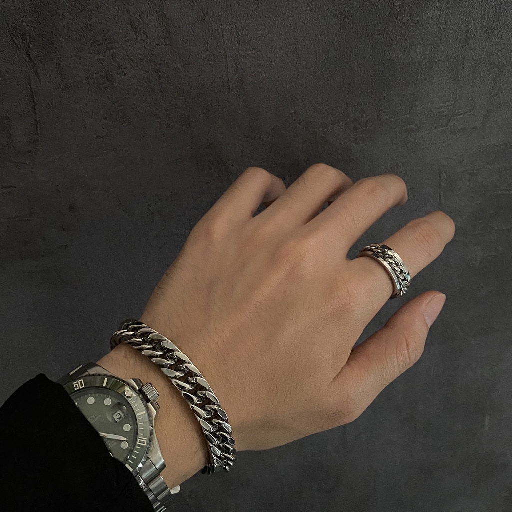 Vòng Tay Nam Và Nhẫn Cuban TIN Chain Ngầu Dạng Chuỗi - Lắc Tay Cuff Mắt Xích Đẹp Thép Titan - TIN Chain Saku