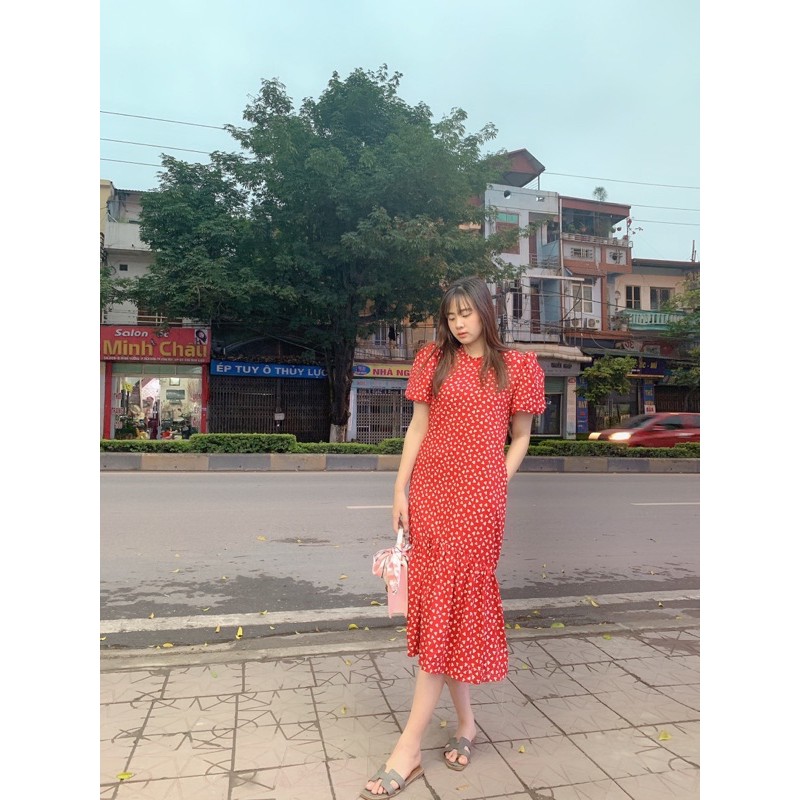 VÁY HOA TIM BI ĐUÔI CÁ TAY BỒNG DÁNG DÀI