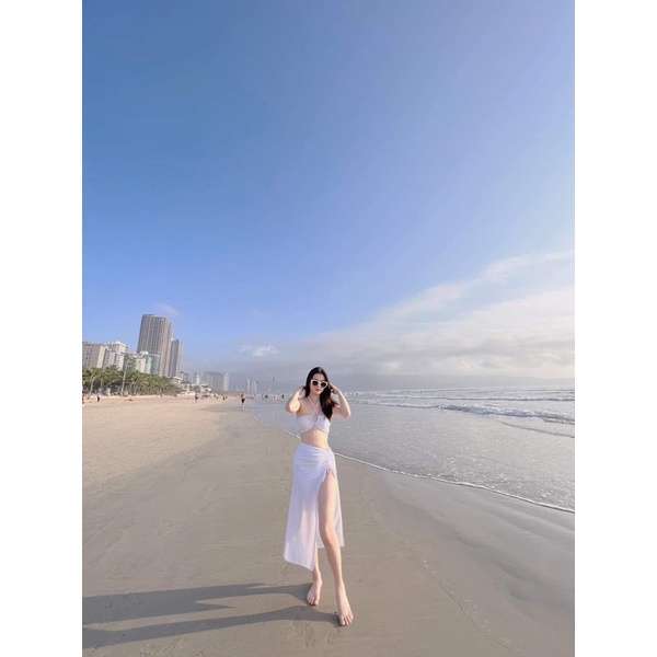 Bikini, Đồ Bơi Đi Biển Hai Mảnh Set 3 Món Quây Trắng Rút Dây Bên Hông Secxy BELLA BT-115