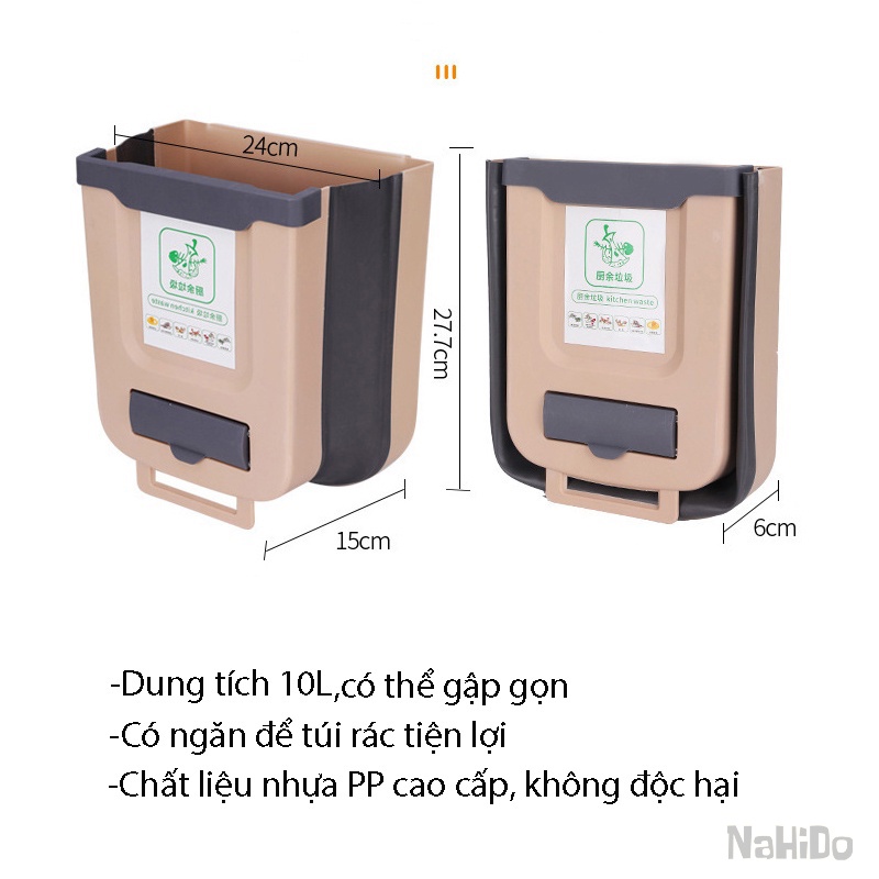 Thùng Rác Gấp Gọn Thông Minh Có Ngăn Để Túi Đựng Rác Tiện Lợi, Thùng Rác Mini Treo Tủ Bếp Dung Tích 10L NaHiDo