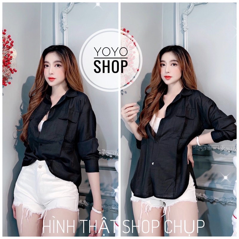 Sơ mi trơn đũi thụng phom rộng trơn oversize 2 nắp túi dài tay, sơ mi trắng nữ xinh xắn YoYo