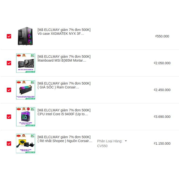 [Mã SKAMPUSHA7 giảm 8% đơn 250k]Thùng máy vi tính 9400F B365M 16G CV550