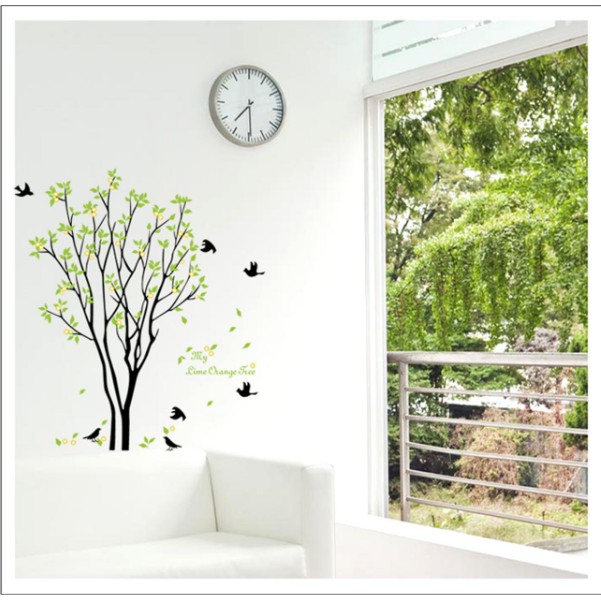 Decal trang trí tường Cây xanh lá Chim Đen