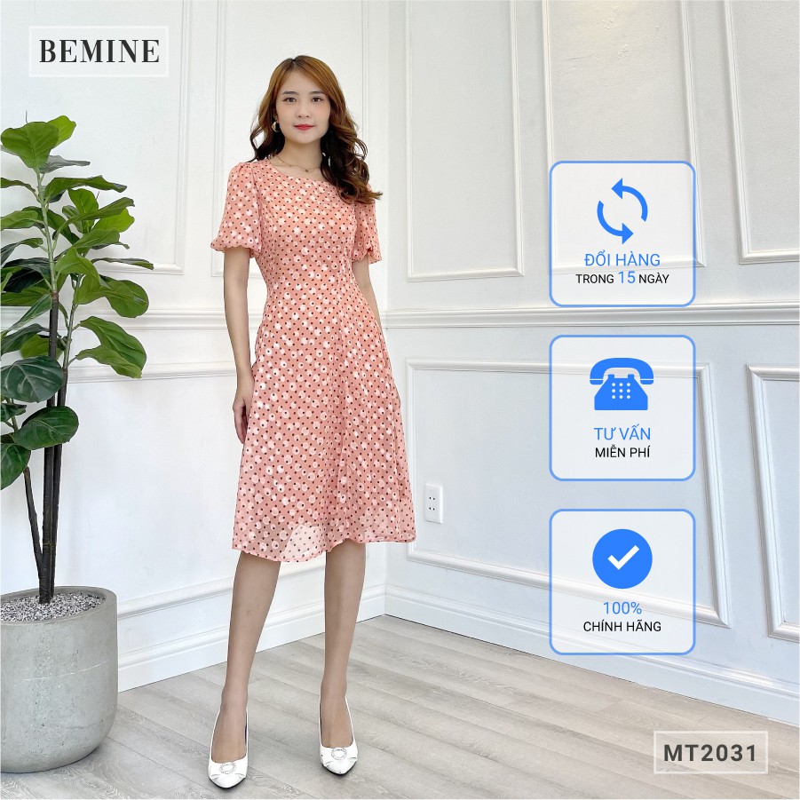 Đầm cổ tròn tay bồng chấm bi BEMINE MT2031CAM