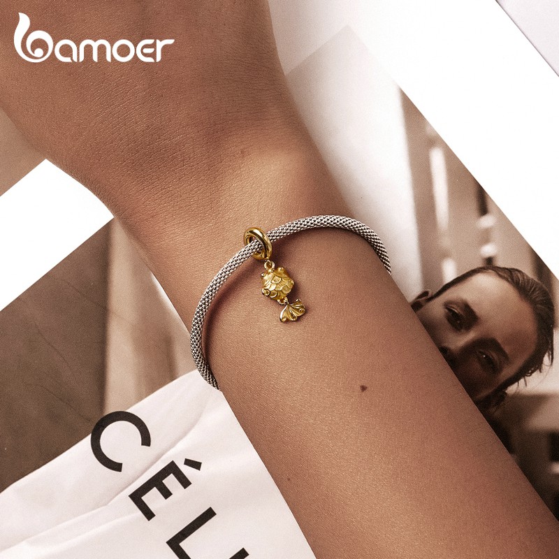 Hạt xỏ lỗ Bamoer Scc2048 bạc 925 hình cá vàng lỗ xỏ 4.5mm thời trang thích hợp làm vòng tay/dây chuyền DIY