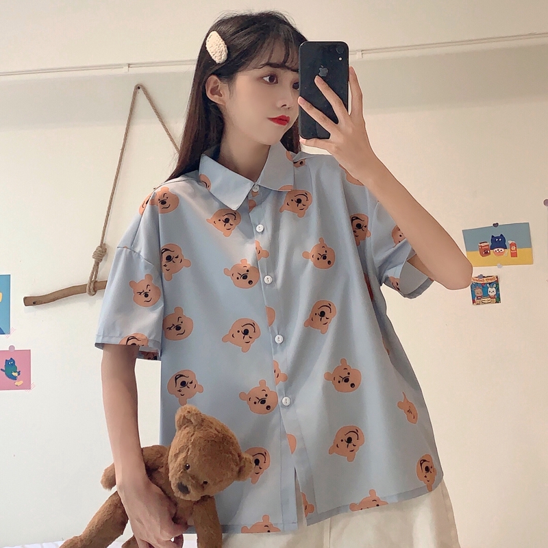 SUXI Áo kiểu nữ tay ngắn họa tiết hình chú gấu phong cách Nhật Bản