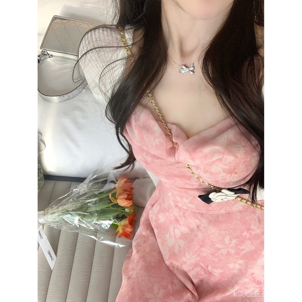 New stock pink floral romantic short skirt for women's summer 2023, unique design, slim fit for niche, floral dress, French dress, short sleeved dress, floral dress, long dress