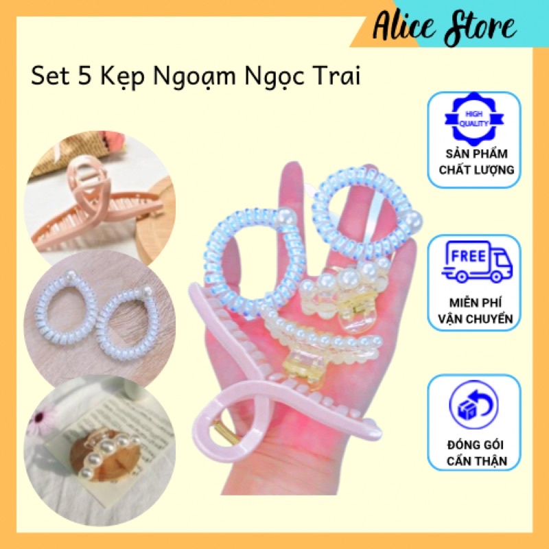 Set Kẹp Tóc Ngọc Trai 5 Món Siêu Sang