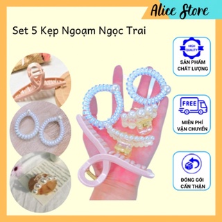 Set kẹp tóc ngọc trai 5 món siêu sang