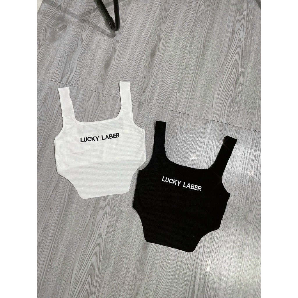 Áo hai dây vuông croptop thêu chữ nhọn trước khoét eo cực xinh , chất thun gân mềm mịn