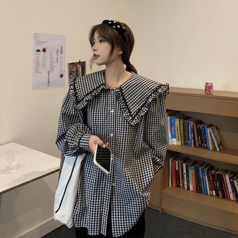 Áo sơ mi cổ bèo viền ren tay bồng- sơ mi nữ dài tay from rộng về 2 màu trắng caro phong cách ulzzang hàn quốc