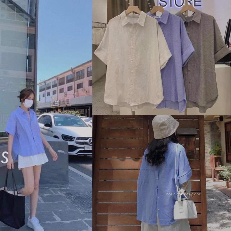 Áo sơ mi kẻ cúc lưng cổ đức chất linen - Áo sơ mi nữ basic kẻ khuy sau 3 màu | BigBuy360 - bigbuy360.vn