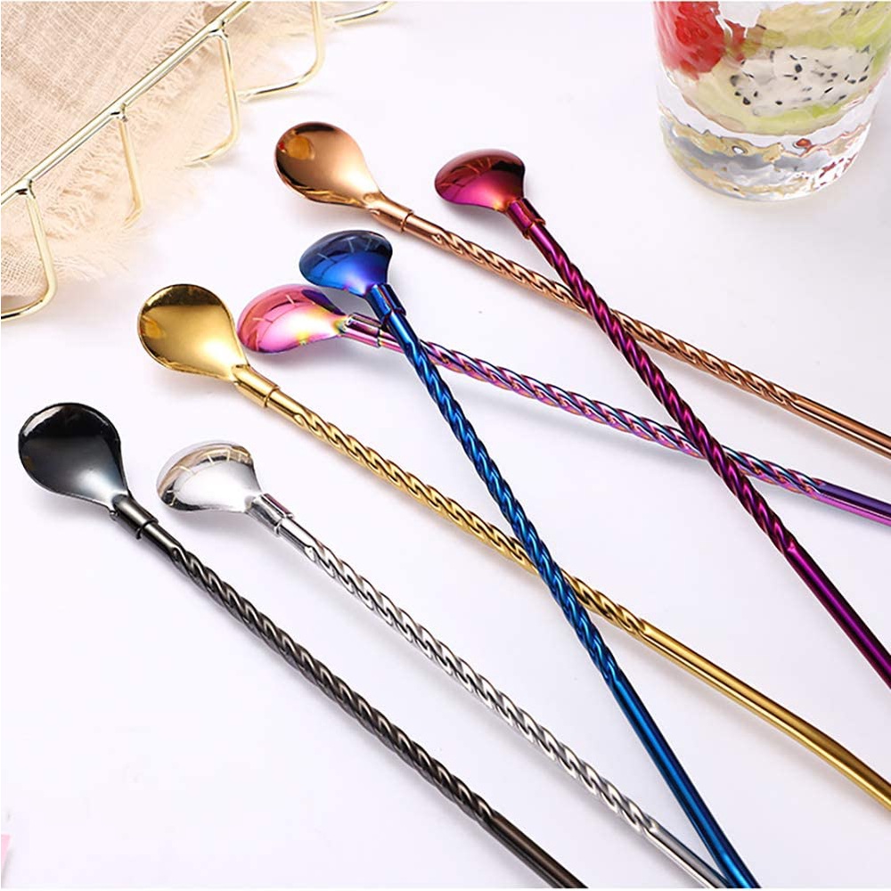 Muỗng ống hút khuấy đồ uống tay cầm dài 21.5cm có ren bằng thép không gỉ sáng tạo tiện lợi