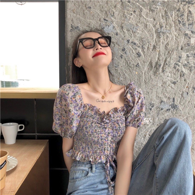 Áo hoa nhí vintage,áo hoa nhí cổ vuông tay bồng bo eo siêu xinh,trẻ trung