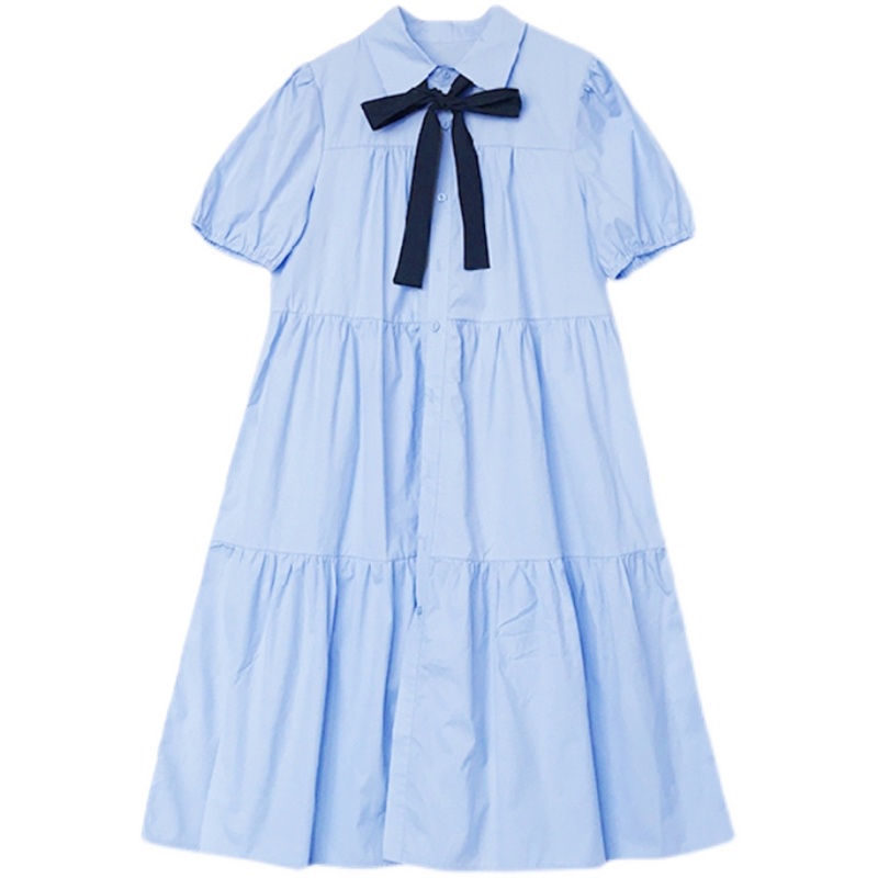 Váy sơ mi babydoll dập viền cổ bẻ thắt nơ màu xanh MORAN style đáng yêu Hàn Quốc
