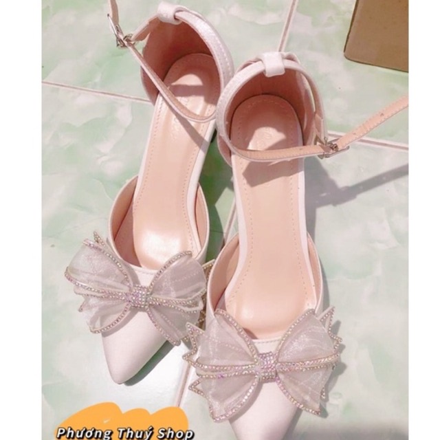 Giày Sandal Cao Gót 5cm Mũi Nhọn Nơ Đính Đá