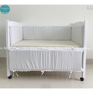 Bộ Quây Cũi Cho Bé (Chấm Bi Ghi) - Chất Liệu Vải Thô Lụa Cao Cấp