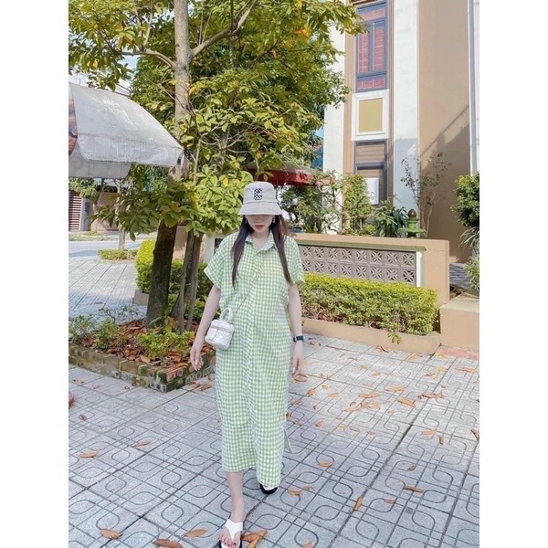 Đầm sơ mi cộc tay phối sọc họa tiết kẻ caro nữ tính