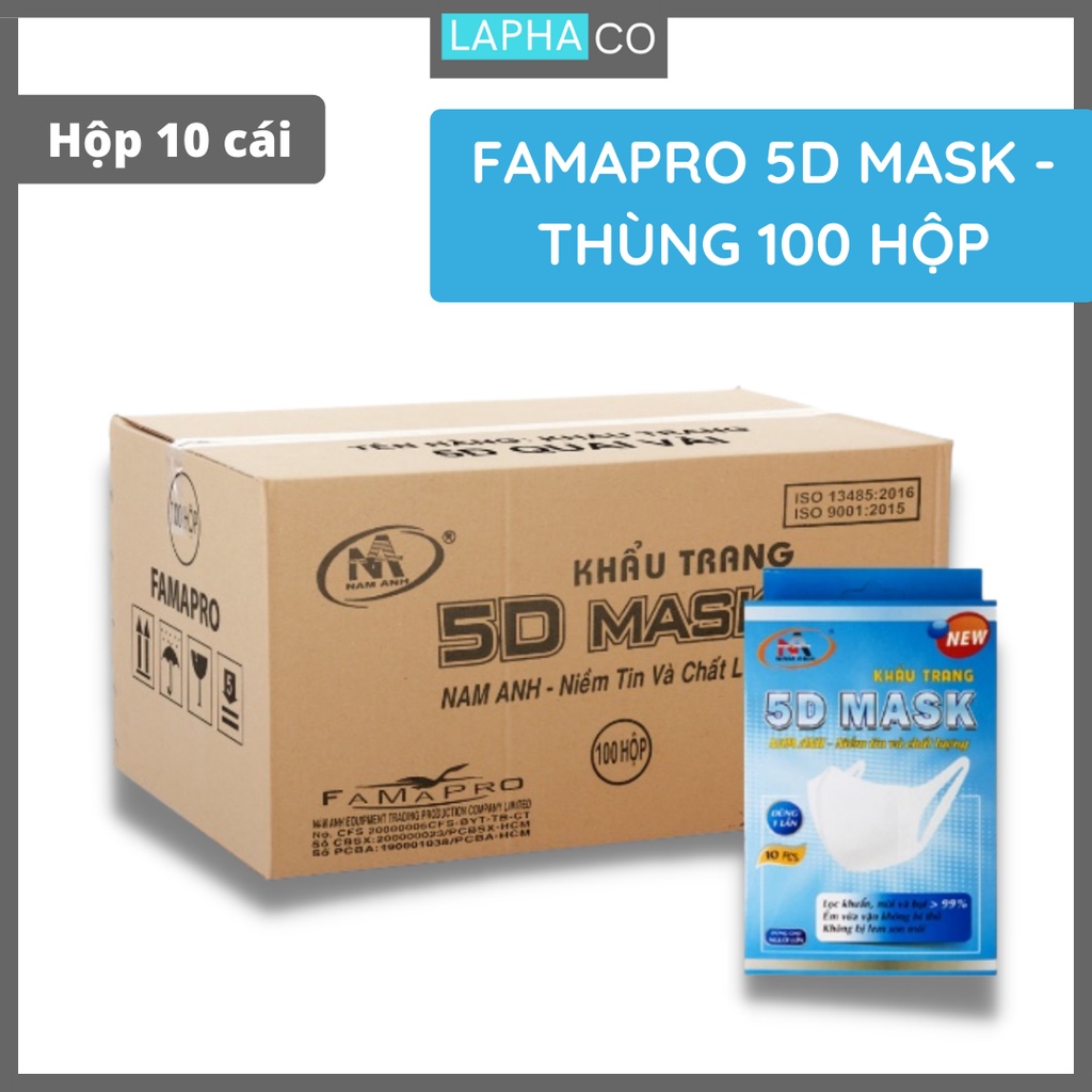 [5D MASK QUAI VẢI - THÙNG 100 HỘP] Khẩu trang y tế kháng khuẩn 3 lớp Famapro 5D Mask dây vải