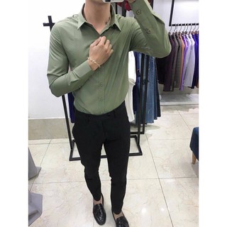 (mua từ 200k để được FREESHIP) Sơ mi lụa màu xanh rêu dáng body Hàn quốc