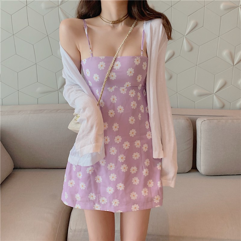 Đầm hoa cúc tím + Cardigan (bán rời)
