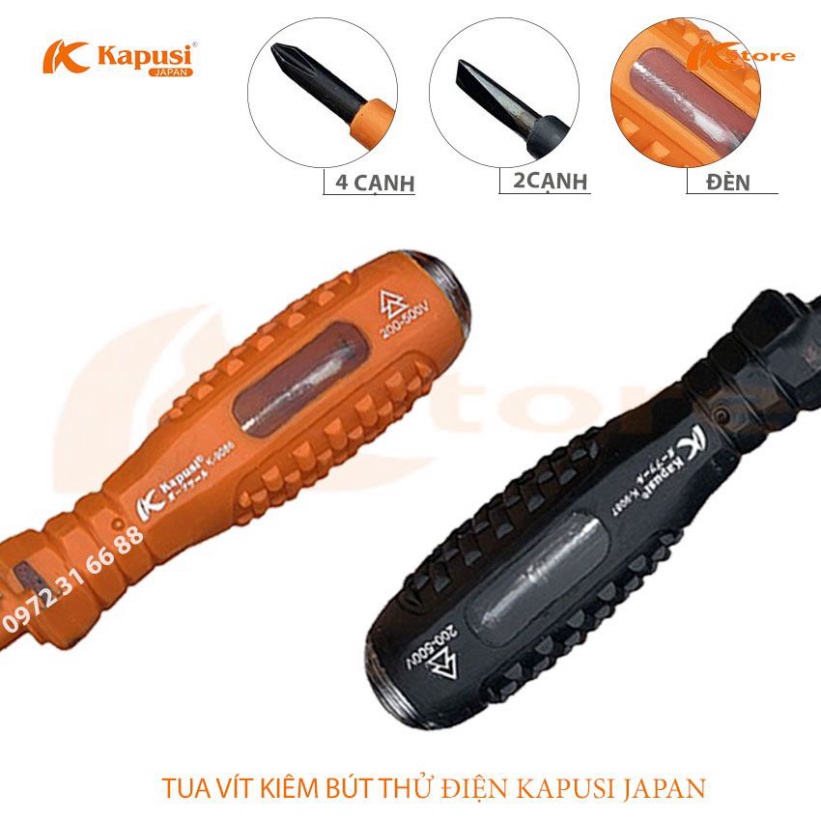 TUA VÍT CÁCH ĐIỆN KIÊM BÚT THỬ ĐIỆN KAPUSI JAPAN 200-500V 4x160MM, TÔ VÍT -  TUỐC NƠ VÍT KIỂM TRA DÒNG ĐIỆN