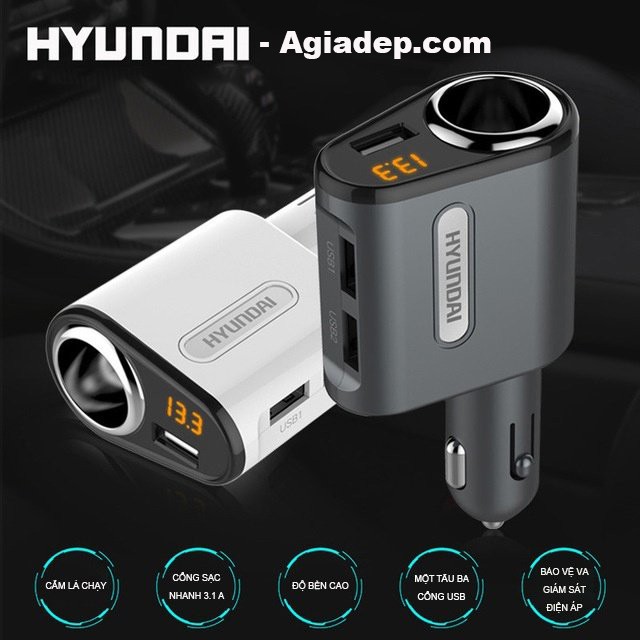 Tẩu sạc Hyundai một tẩu ba cổng USB cao cấp Sạc nhanh 3.1 by Agiadep (Đen)