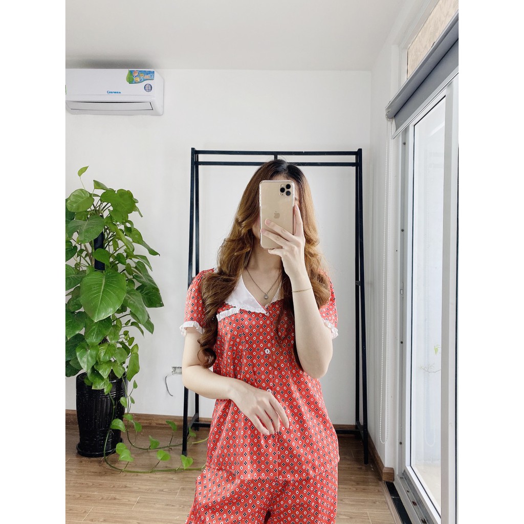 Bộ Pijama lụa giấy NOHK cao cấp mặc nhà cộc tay quần dài họa tiết tay bồng