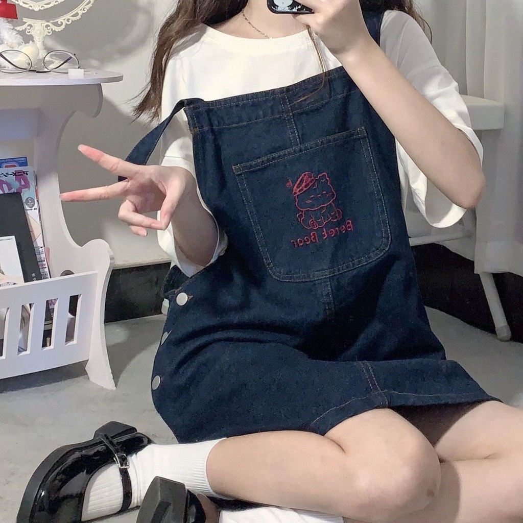 Đầm Yếm Denim Dáng Rộng Phong Cách Thời Trang Hàn Quốc Dành Cho Nữ