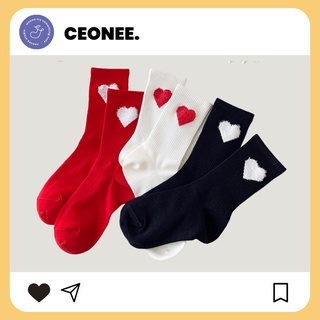 Set vớ tất dài trái tim nhỏ ngọt ngào đỏ trắng đen | ceonee crew socks