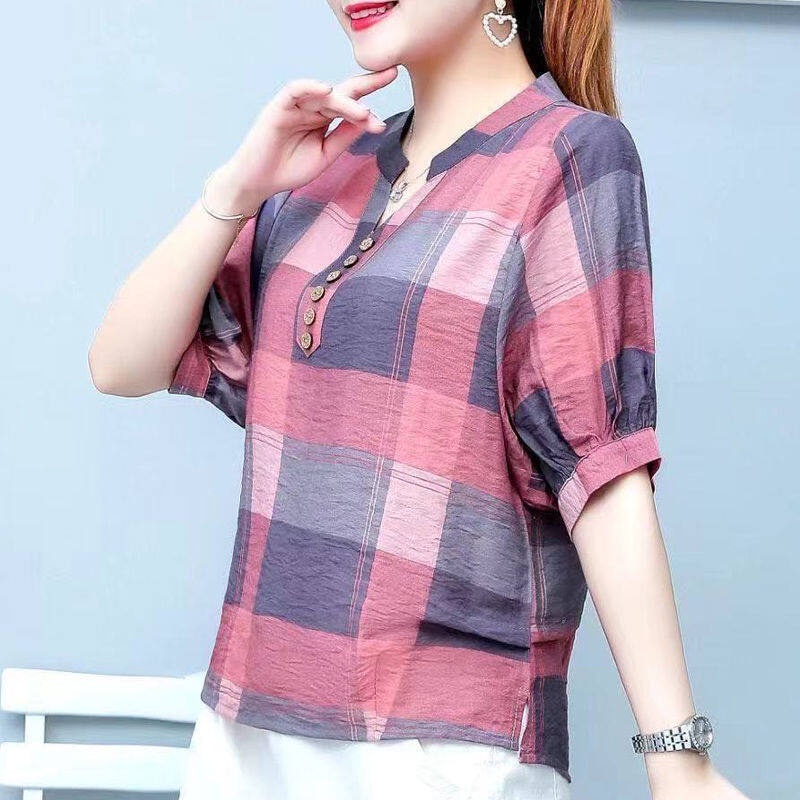 Áo Sơ Mi Cotton Linen Dáng Rộng Kẻ Sọc Caro Thời Trang Mùa Hè Phong Cách Hàn Quốc Cho Nữ Mới