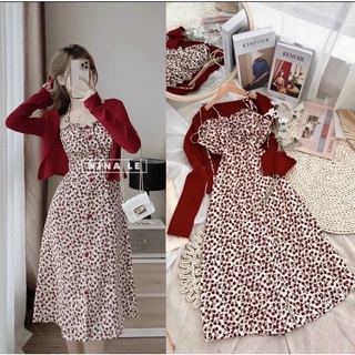 Đầm hoa ĐỎ hai dây kèm áo khoát đỏ - mặc đi dạo biển siêu xinh