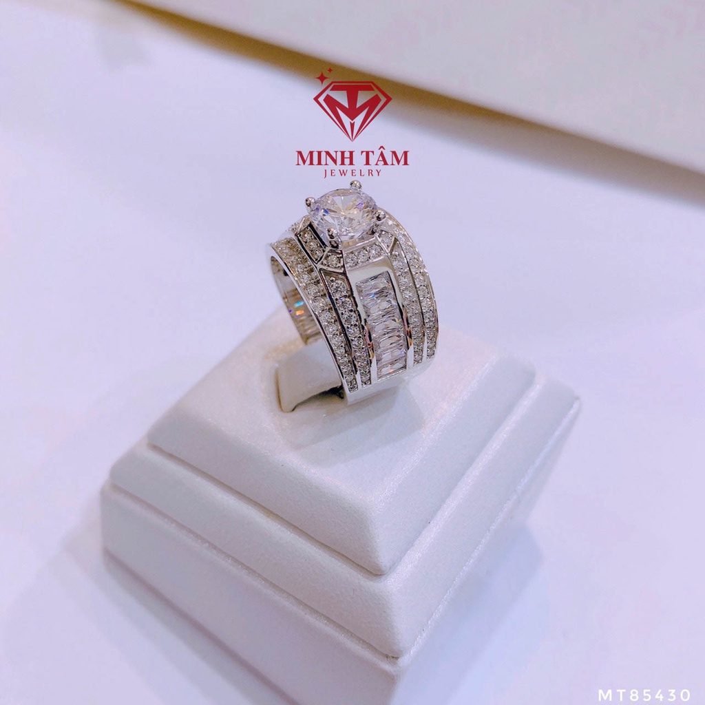 Nhẫn bạc nam xi bạch kim cao cấp viền đá xung quanh ổ đá chủ 6 ly-Minh Tâm Jewelry
