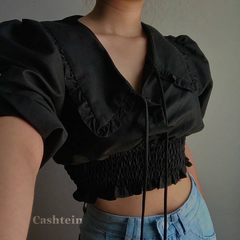 Áo croptop cổ bèo nhún eo ( thắt nơ )  - Deli Top .