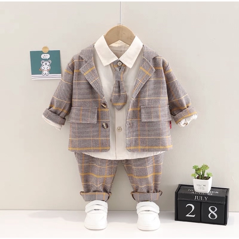 QCCC - Set vest 3 chi tiết hoạ tiết caro cho bé trai đi tiệc đi chơi