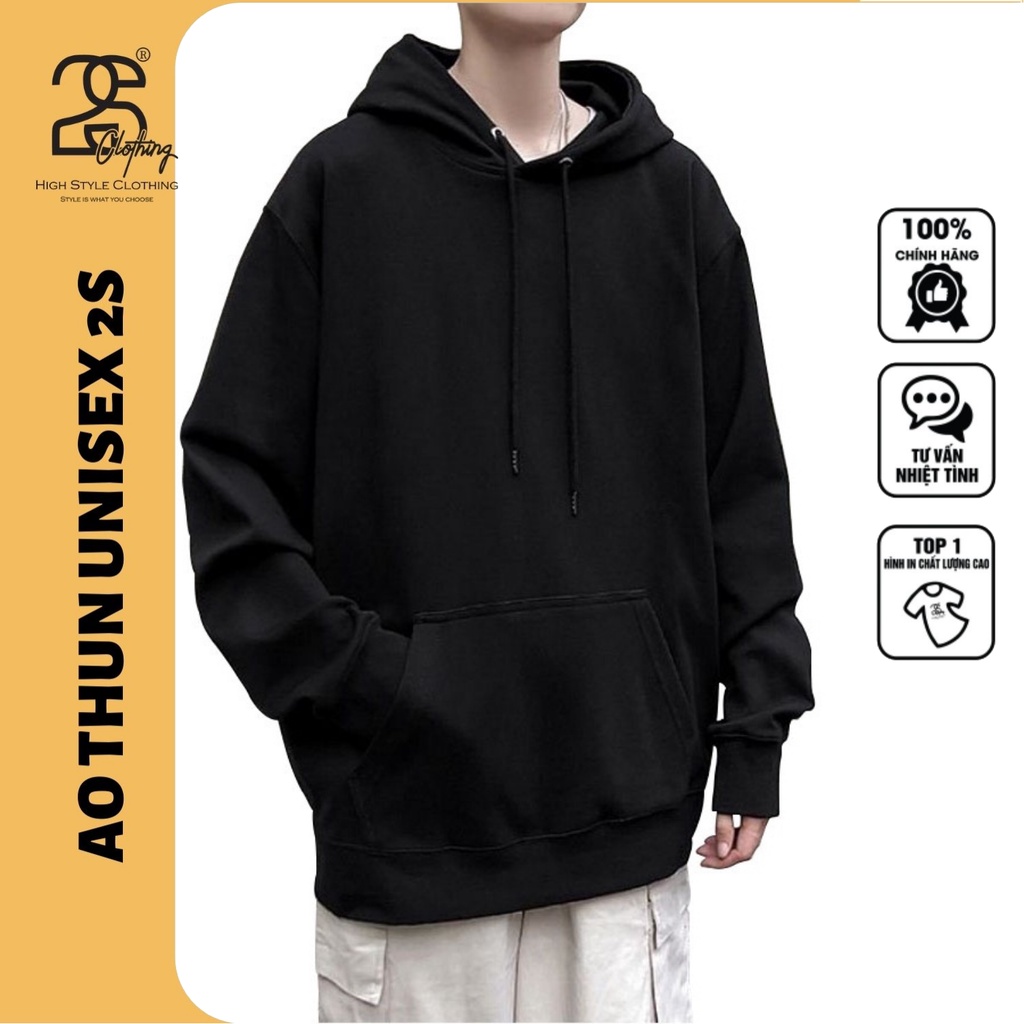 Áo Hoodie Nỉ Trơn Form Rộng Có Mũ 2S Clothing, Áo Hoodie Basic Unisex Màu Trắng Đen