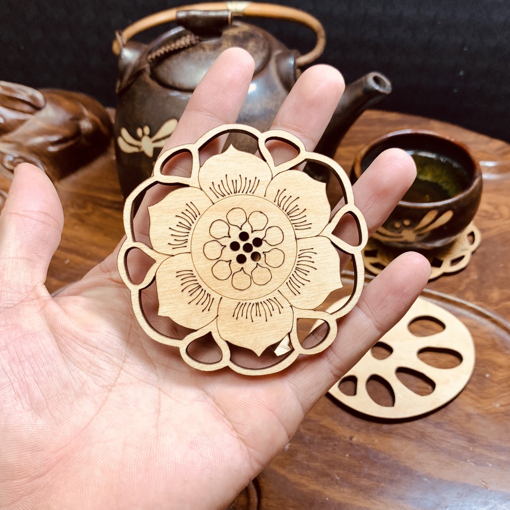 Miếng Lót Cốc Trà Cafe Trang Trí Decor Quán Cafe Phong Cách Hoa Sen Việt Nam,Coasters Diy Chất Liệu Gỗ Bạch Dương