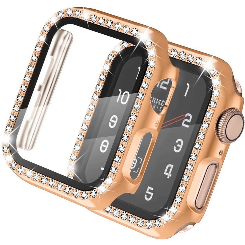 Ốp Bảo Vệ Đính Kim Cương Giả + Màng Bảo Vệ Màn Hình Đồng Hồ Thông Minh Apple Watch Series 7 6 SE 3 2 45mm 41mm 38mm 40mm 44mm