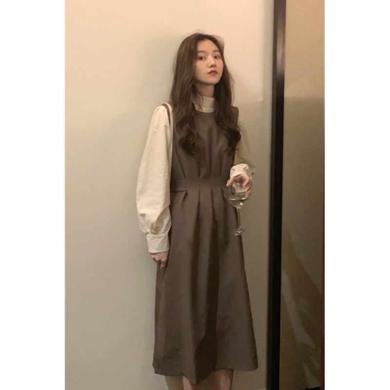 (HÀNG SẴN) Váy yếm xòe dài mùa thu vintage đơn giản nhẹ nhàng trẻ trung kiểu Pháp | BigBuy360 - bigbuy360.vn