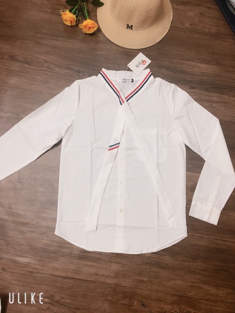 Xả - Áo sơ mi nơ cổ phối viền đỏ cho nữ