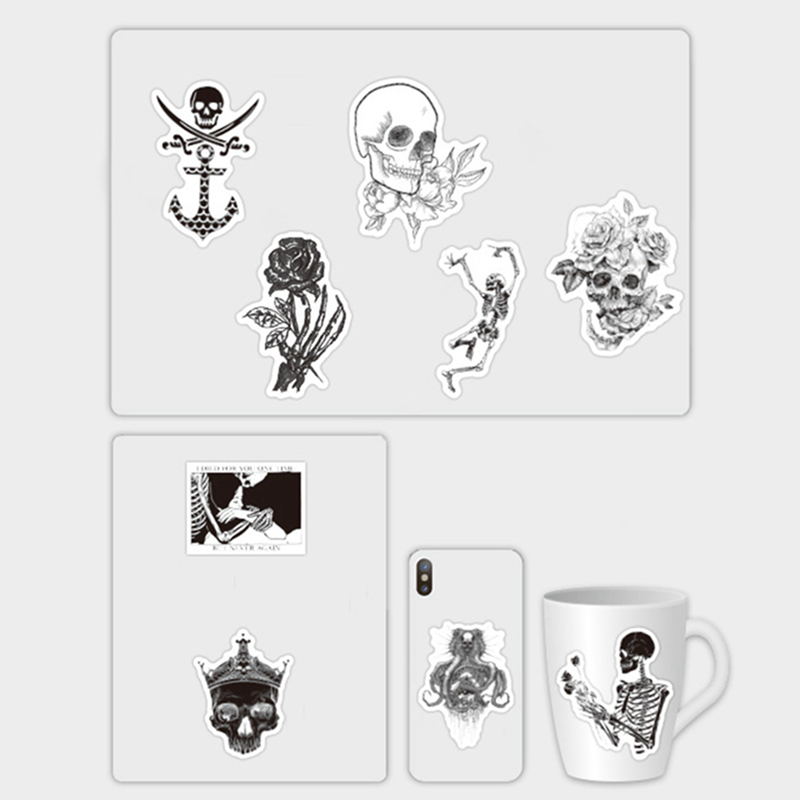 Bộ 50 miếng dán hình đầu lâu trắng đen trang trí ván trượt / sổ tay