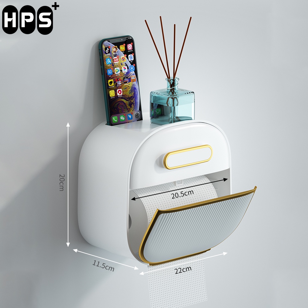 Hộp đựng giấy vệ sinh dán tường chống thấm nước, chất liệu ABS bền bỉ, Kệ để đồ nhà tắm đa năng có giá đỡ điện thoại