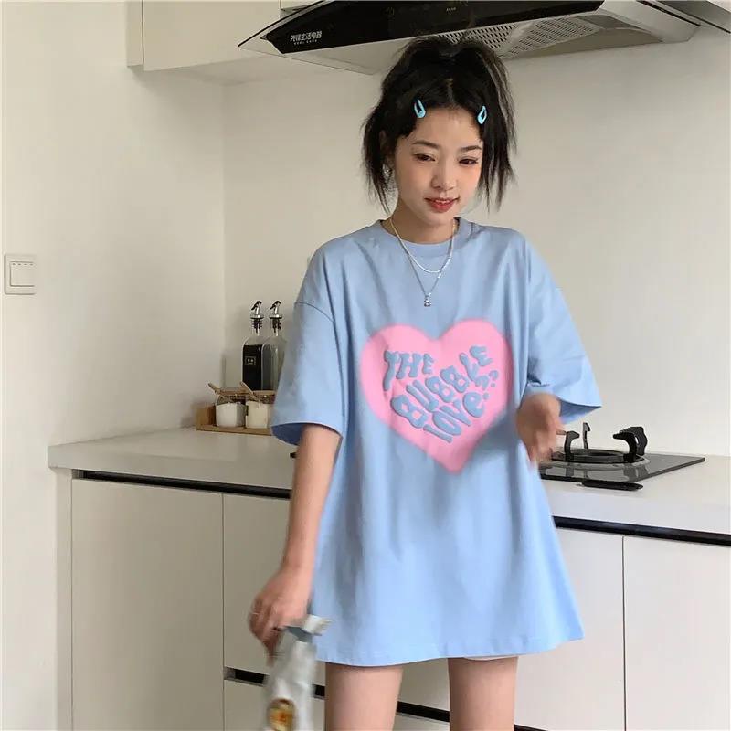 100% cotton Áo thun tay ngắn dáng rộng in hình trái tim phong cách hàn quốc đáng yêu thời trang mùa hè mới cho nữ 2023